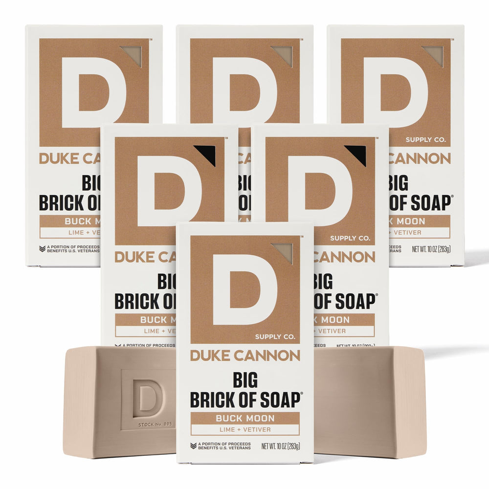 Duke Cannon Buck Moon six-pack display of bar soaps.
