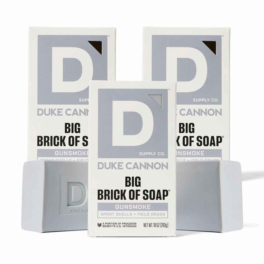 Duke Cannon Gun Smoke soap bar with wood notes for rugged freshness