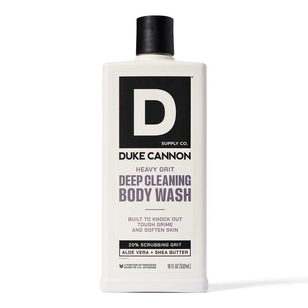 Duke Cannon Heavy Grit Body Wash bottle ready for rugged dirt removal.