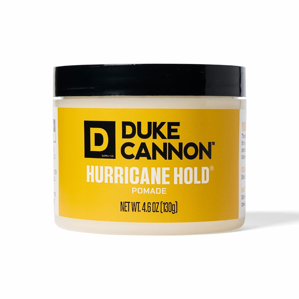 Duke Cannon Hurricane Hold Pomade bottle showing extra strong hold with no shine.