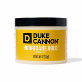 Duke Cannon Hurricane Hold Pomade bottle showing extra strong hold with no shine.