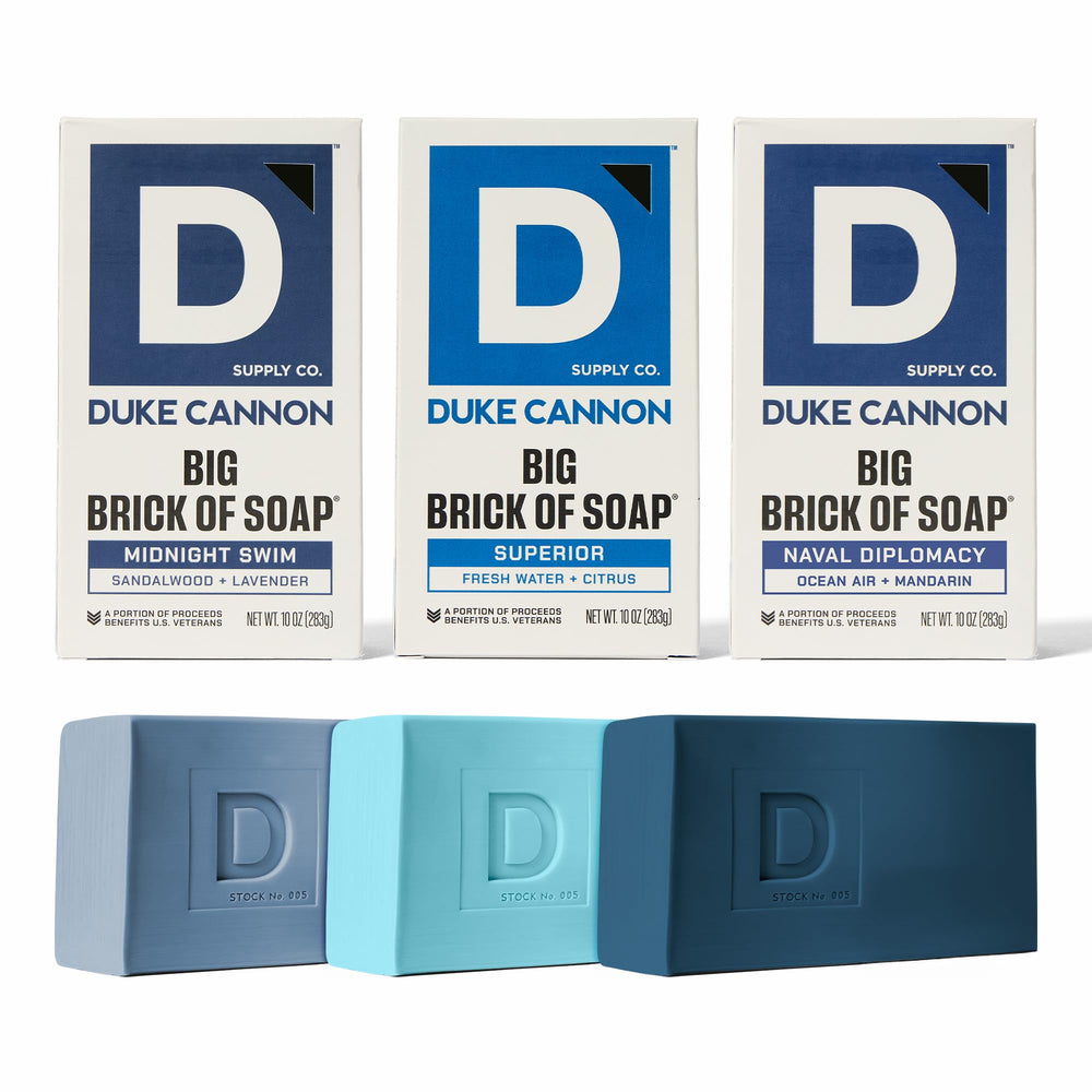 Duke Cannon Midnight Swim soap bar close-up with rugged design and lather-ready feel.