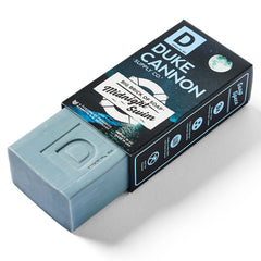 Duke Cannon Midnight Swim bar lathering up with a refreshing citrus-cedar aroma during showers
