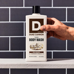 Duke Cannon Palomino bottle on sink ready for daily grooming.