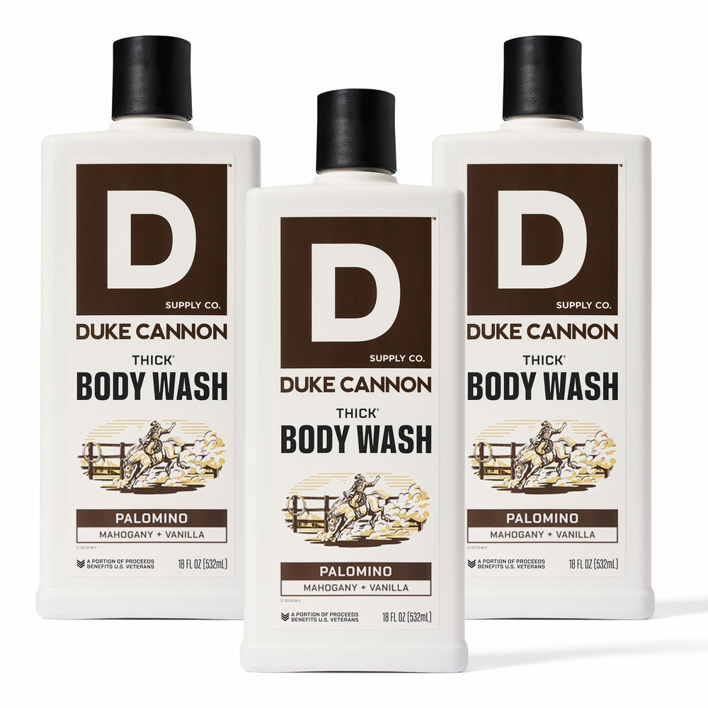 Duke Cannon Palomino Thick Body Wash bottle with rich lather for deep clean.