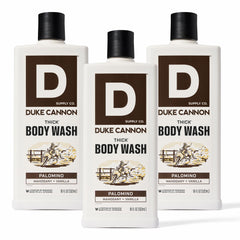 Duke Cannon Palomino Thick Body Wash bottle with rich lather for deep clean.