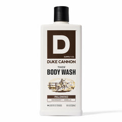Duke Cannon Palomino thick body wash pour reveals rich lather for deep cleansing.