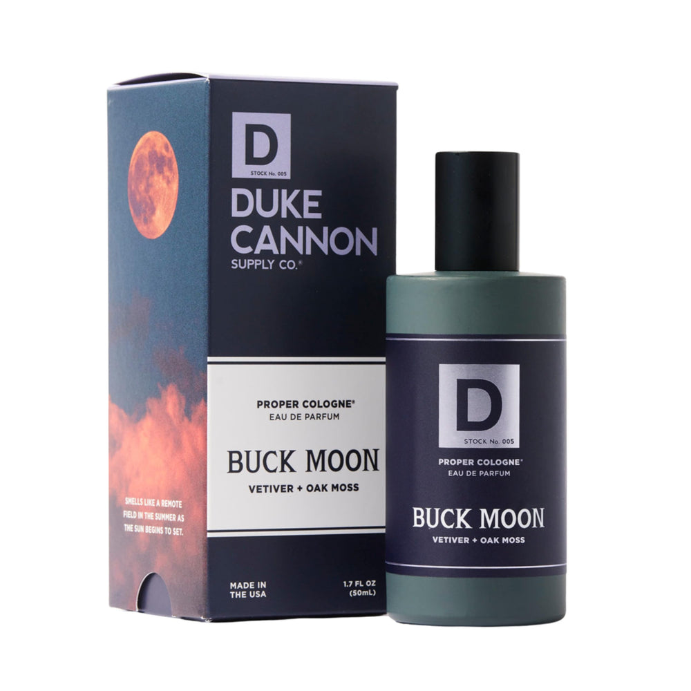 Duke Cannon Buck Moon bottle showing natural lime and vetiver scent for everyday wear