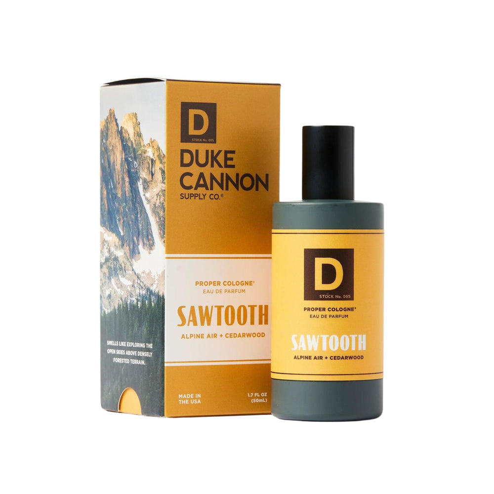 Duke Cannon Proper Cologne Sawtooth bottle displays a fresh alpine scent for everyday rugged style.