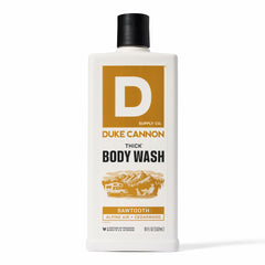 Duke Cannon Sawtooth Body Wash bottle front with rugged branding for a bold shower
