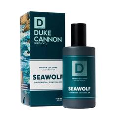 Duke Cannon Seawolf bottle with driftwood accent for rugged masculine fragrance