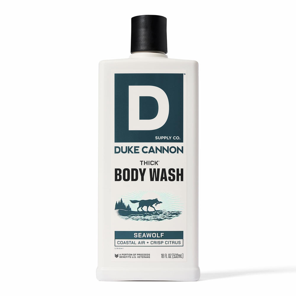 Duke Cannon Seawolf thick bottle closeup shows 3x thicker formula for lasting lather