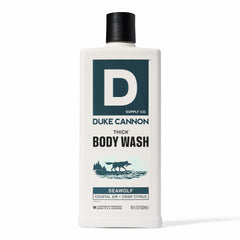 Duke Cannon Seawolf thick bottle closeup shows 3x thicker formula for lasting lather