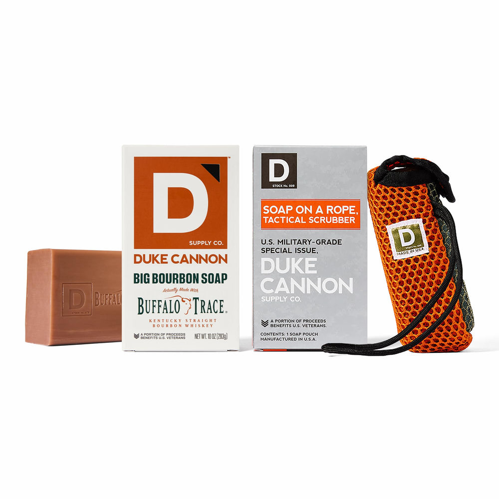 Duke Cannon Tactical Scrubber with bourbon soap bar for deep cleansing.