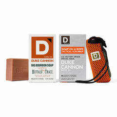 Duke Cannon Tactical Scrubber with bourbon soap bar for deep cleansing.