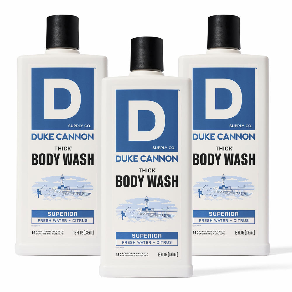 Duke Cannon Thick Body Wash bottle front shows premium design for daily refresh.