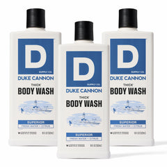 Duke Cannon Thick Body Wash bottle front shows premium design for daily refresh.