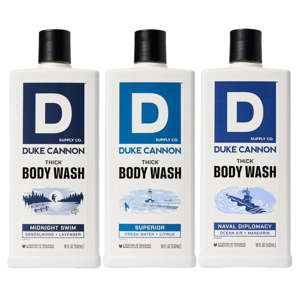 Duke Cannon THICK Naval Diplomacy bottle with clean-water scent for a refreshing wash.
