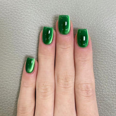 Dulyork green press-on nails in short square glitter finish for quick at-home manicures.