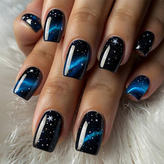Dulyork press-on nails with short square black-blue star designs for quick manicure.