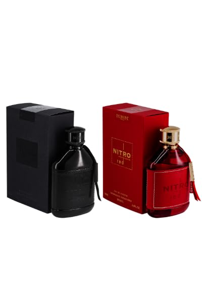 Dumont Nitro Intense black bottle with leather wrap signaling bold night-out fragrance.