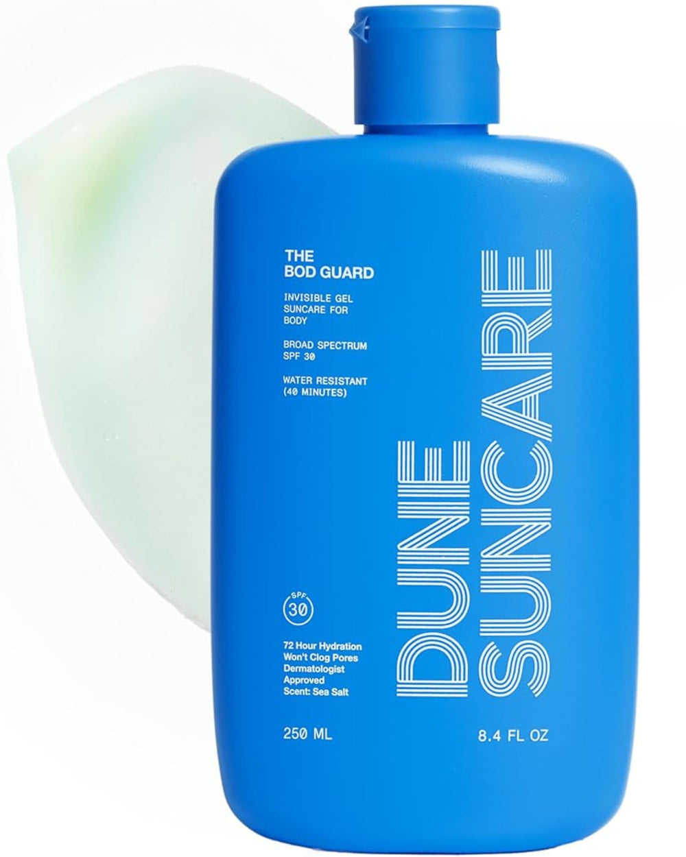 DUNE SUNCARE The Bod Guard bottle showing clear gel sunscreen with SPF 30 for everyday protection