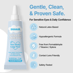 DUOAIR Eyelash Adhesive brown-tone swatch showing natural to defined looks.