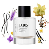 Dupe Paris D105 bottle showing praline and vanilla notes for daily elegance.