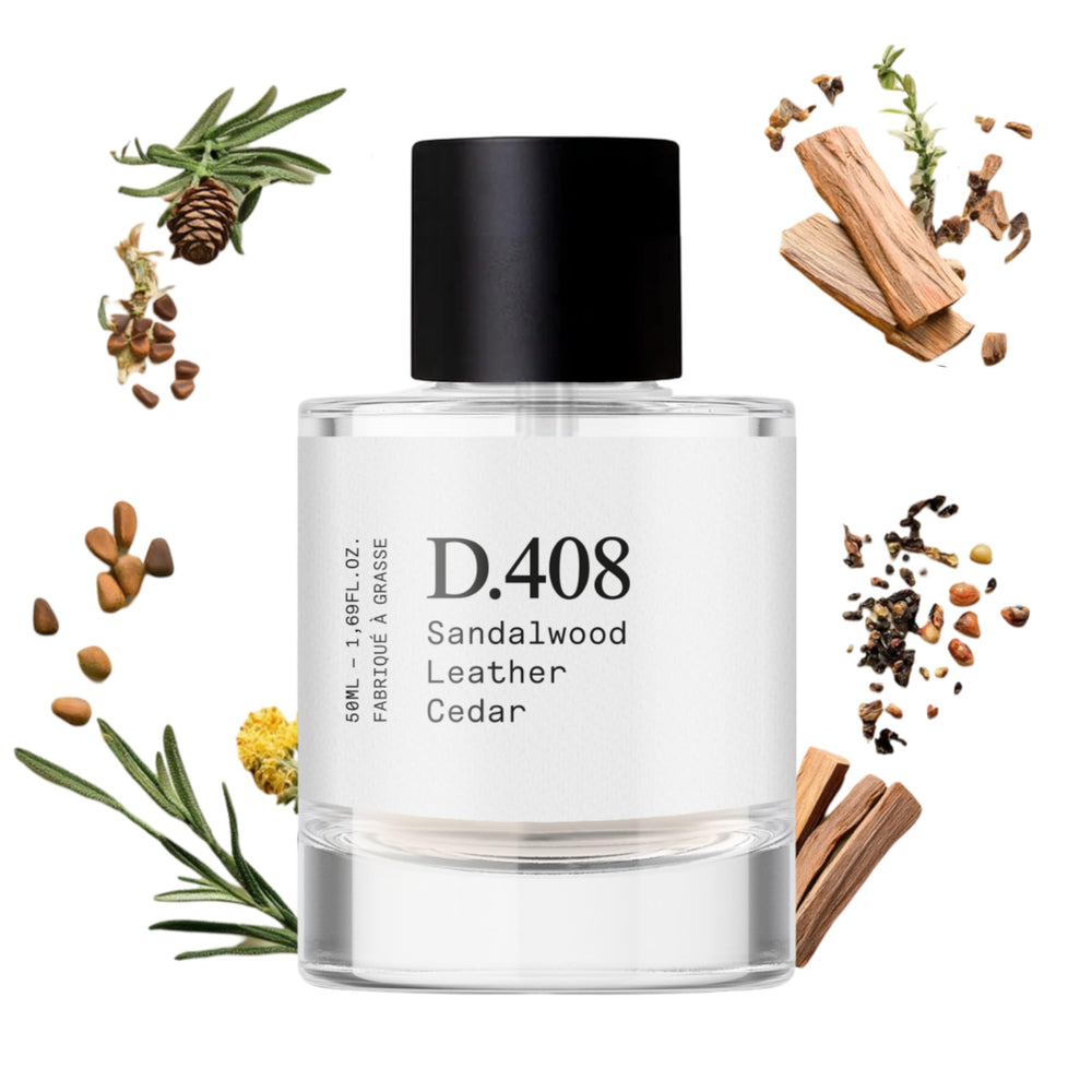 Dupe. Paris D.408 bottle displays Santal 33-inspired fragrance for all-day refinement.