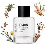 Dupe. Paris D.408 bottle displays Santal 33-inspired fragrance for all-day refinement.