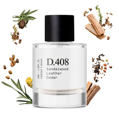 Dupe. Paris D.408 bottle displays Santal 33-inspired fragrance for all-day refinement.