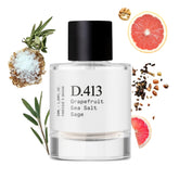 Dupe Paris D.413 bottle highlights long-lasting coastal notes.