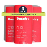 Duradry Clear Sky deodorant bottle label shows crisp pear and vanilla notes for long-lasting freshness.
