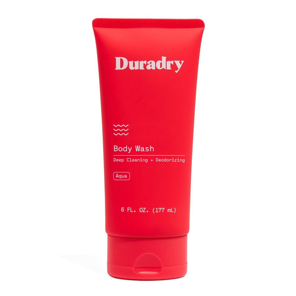 Duradry deodorizing body wash bottle front view demonstrating Aqua fragrance for daily freshness