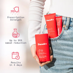 Duradry sweat-minimizing gel bottle shown for nighttime use and dry mornings.