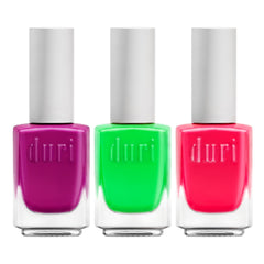 Duri Trio Neon swatches show bold neon shades for statement manicures.