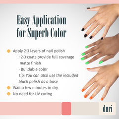 Duri Trio neon shades on nails show vibrant color payoff.
