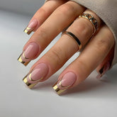 DZPGUONIZ 24Pcs gold French tip nails packaging for a salon-style manicure at home.