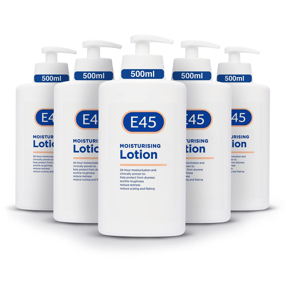 E45 dermatological moisturising lotion pack of five bottles for daily home hydration