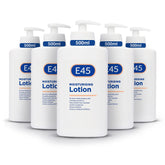 E45 dermatological moisturising lotion pack of five bottles for daily home hydration