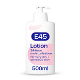 E45 Moisturising Lotion bottle with pump for quick, fragrance-free hydration.