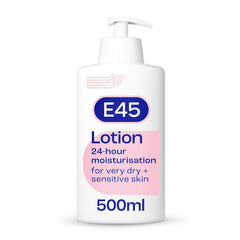 E45 Moisturising Lotion bottle with pump for quick, fragrance-free hydration.