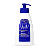 E45 Rich 24hr Moisturising Lotion bottle pump shows long-lasting hydration for dry skin