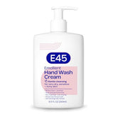 E45 Shower Wash Cream bottle close-up shows fragrance-free formula for dry skin.