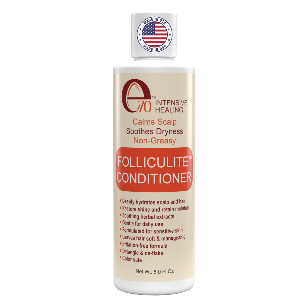 e70 Folliculitis Treatment Conditioner bottle on shelf for irritated scalp relief