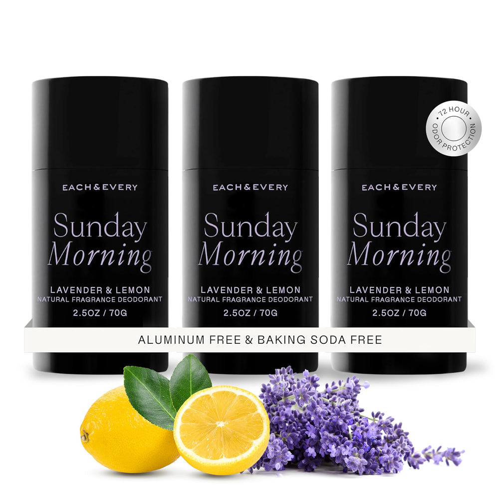 Each & Every aluminum-free deodorant packaging front emphasizes sustainable packaging and clean branding.