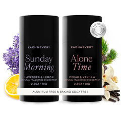 Each & Every lavender-lemon deodorant bottle for all-day odor protection with a gentle, natural formula.