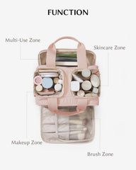 EACHY large-capacity makeup organizer keeps cosmetics neatly arranged for trips