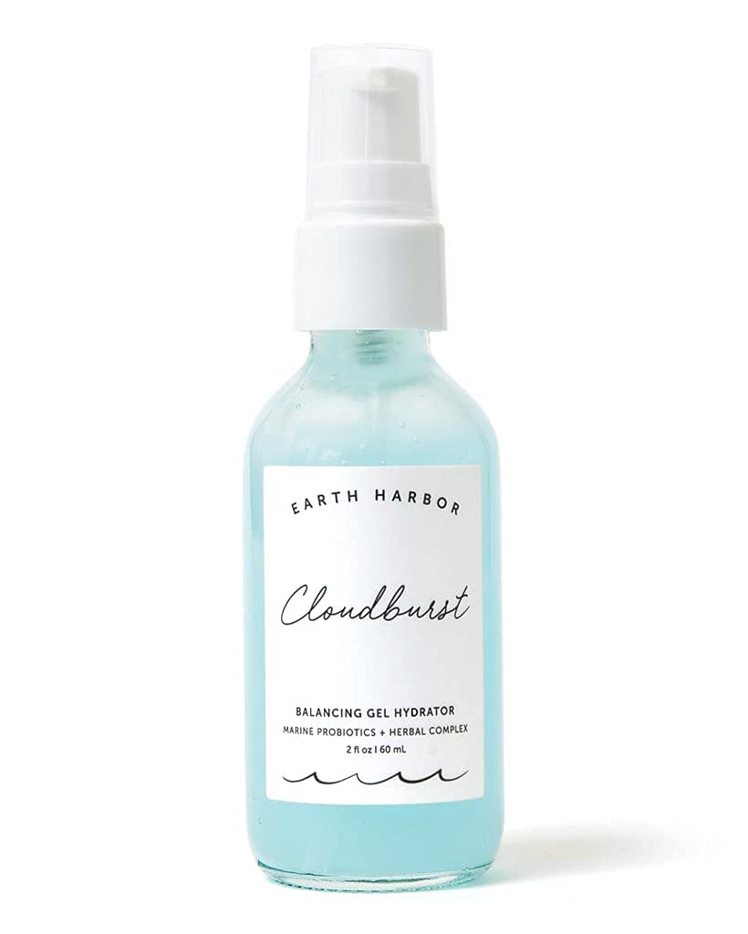 Earth Harbor Cloudburst bottle close-up showing lightweight hydration for lasting moisture.