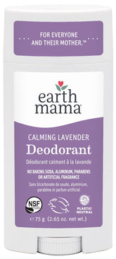 Earth Mama Calming Lavender Deodorant bottle shows aluminum-free formula for sensitive skin.